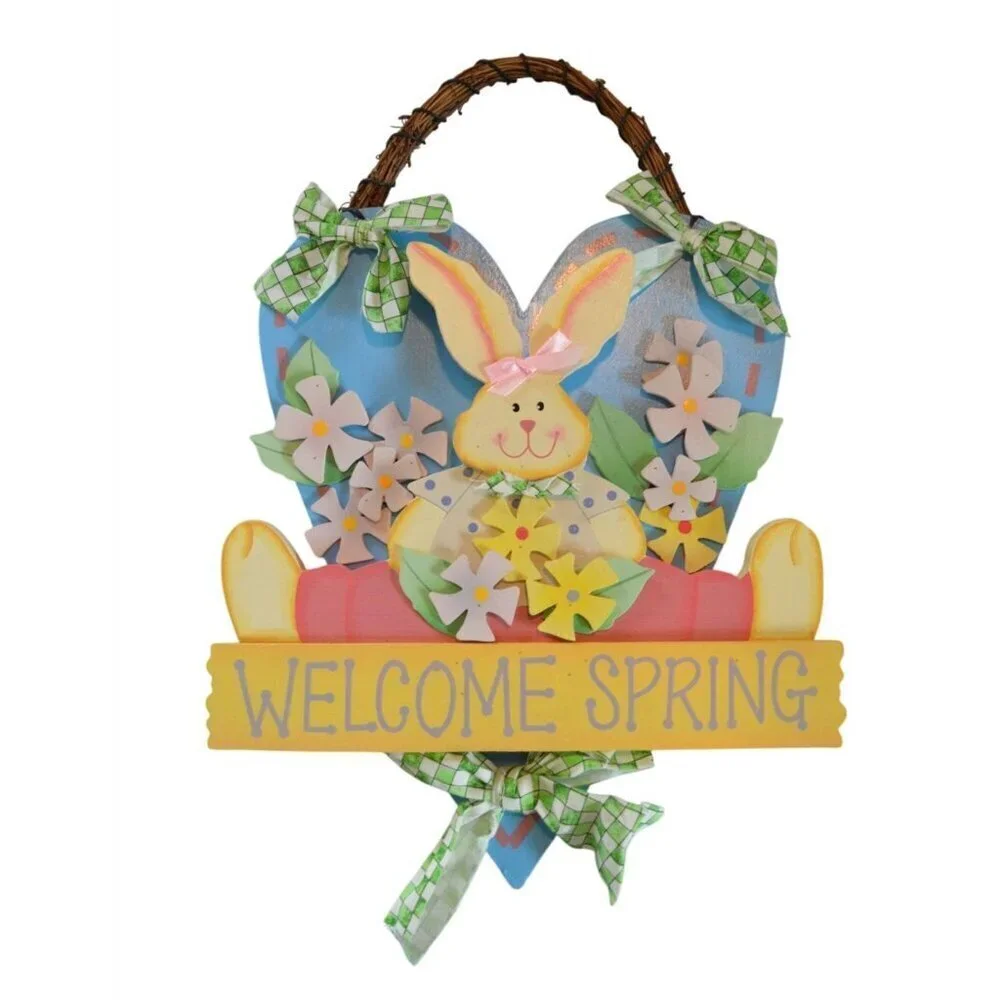 Vintage Wooden Welcome Spring Bunny Door Hanger Floral Accents Checkered Ribbon